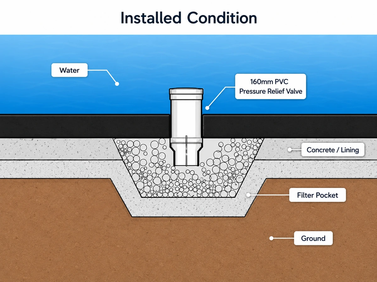 Typical Pressure Relief Valve arrangement in canal bed side slope and filter pocket