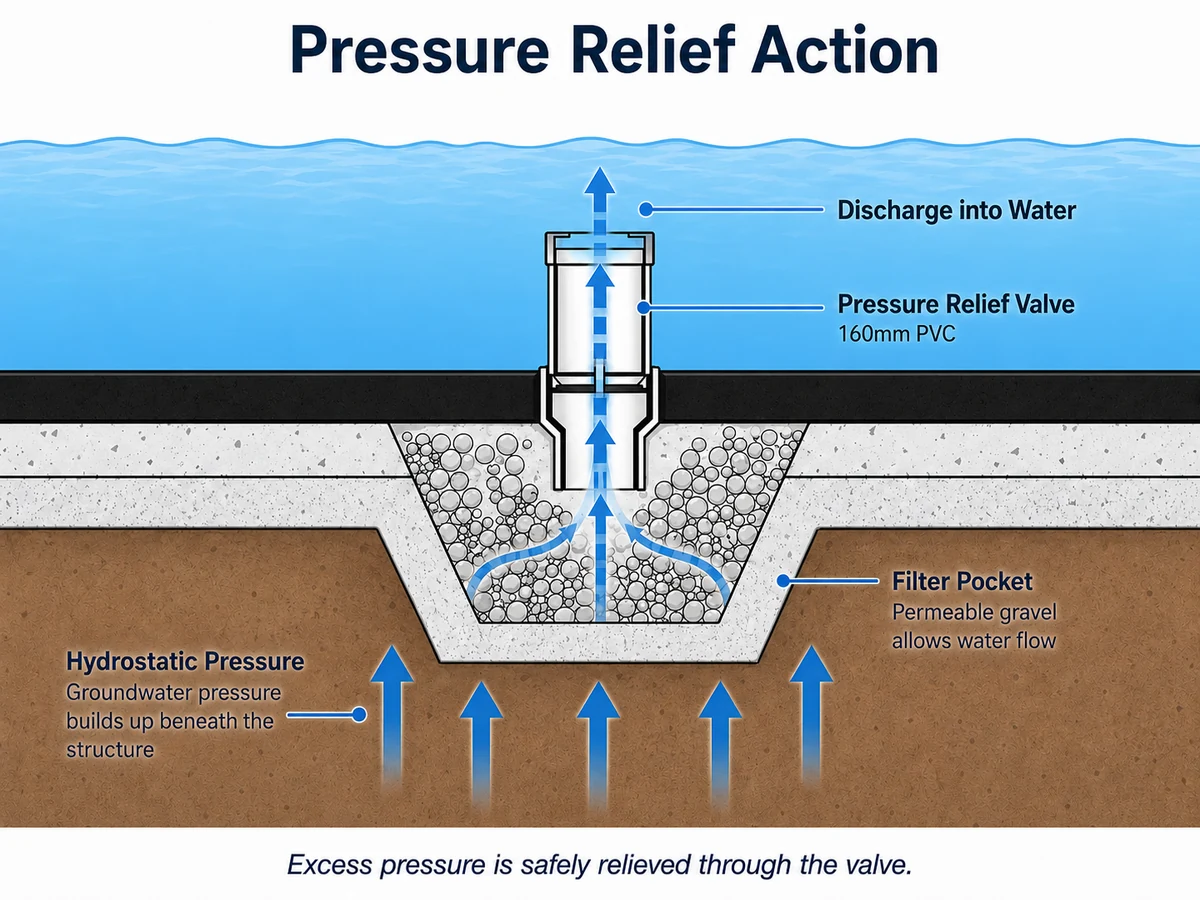 Diagram showing 160mm PVC Pressure Relief Valve releasing hydrostatic uplift pressure below canal lining
